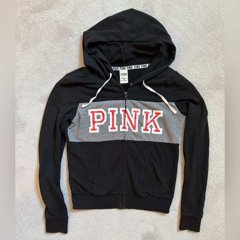 Victoria's Secret Pink college logo full zip hoodie black sweatshirt y2k ❤️